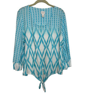 Chicos Womens Tie Front Pullover Top Large Aqua White Mixed Print 3/4 Sleeve